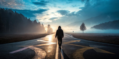 A lone figure walks down a winding road amidst a tranquil morning landscape. The sun rises behind misty hills, illuminating the surroundings with a soft glow.の写真素材