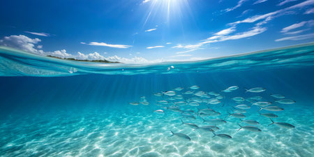 Bright sunlight illuminates a vibrant underwater landscape as a group of fish swims effortlessly...