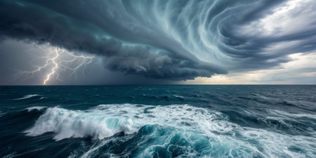 Dark, swirling storm clouds roll over the ocean as waves crash powerfully against each other. Lightning streaks through the sky, creating a dramatic display at dusk.の写真素材