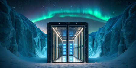 A data center stands in a snowy environment illuminated by blue lights, against the backdrop of...