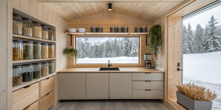 White cabinets and wooden shelves hold organized jars in a contemporary kitchen. A large window...