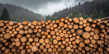 Wooden logs are stacked neatly, contrasting with a dramatic, cloudy sky and lush green forest.