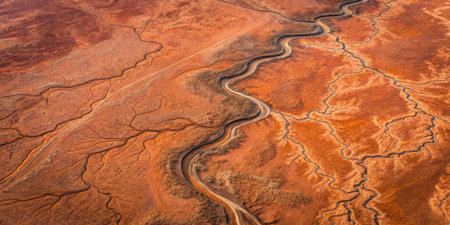 A winding river flows through a vibrant red desert, highlighting nature's beauty in the sun.