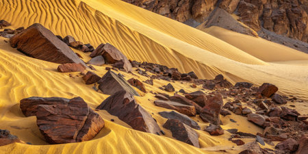 Golden sand dunes stretch across the horizon, adorned with striking rocks and shadows at sunset.