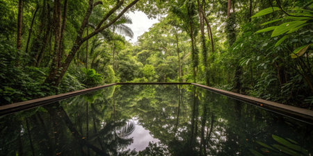 Calm waters mirror the vibrant green canopy above, creating a serene escape in the heart of nature.の写真素材