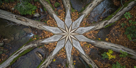 A stunning log pattern above a serene creek, framed by golden leaves.