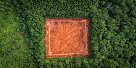 A red earth patch contrasts with dense green forest, highlighting human impact on nature.
