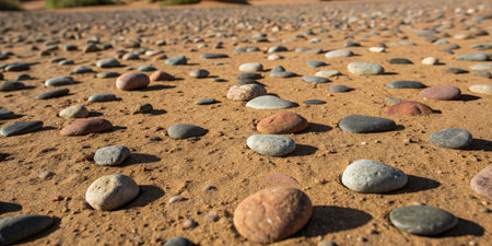 Sunlight dances on smooth pebbles laid across golden sand, creating a tranquil natural beauty.の写真素材