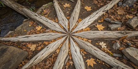 Delicate wooden star bursts forth from earth, surrounded by fallen leaves and tranquil waters.