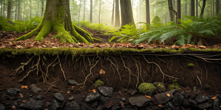 Roots intertwine with ferns beneath towering trees in a serene forest at dawn, enveloped in mist.の写真素材