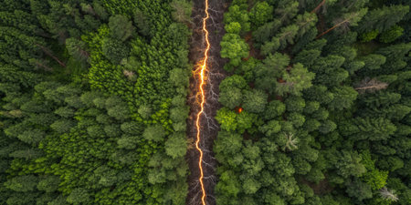 A lightning bolt slices through dense woods, highlighting nature's fierce beauty.