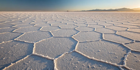 Endless salt flats glow with hexagonal patterns under the golden sunset light.