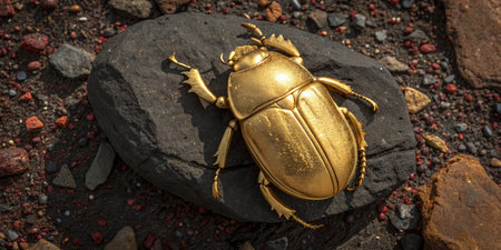 A striking golden beetle perches on a rock, surrounded by colorful stones shimmering under the sun.