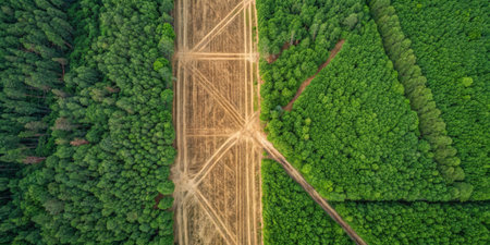A stunning view shows the divide between lush forest and cleared farmland under clear skies.