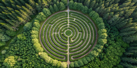 Visitors wander through a lush, circular maze, surrounded by vibrant greenery and tall trees.