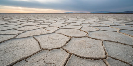 Barren land shows intricate dry soil patterns beneath a fading twilight sky, evoking solitude.
