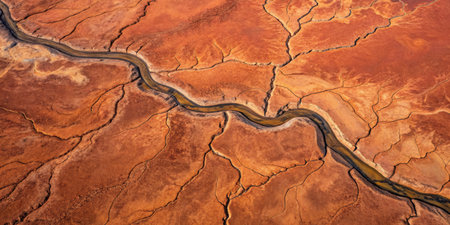 A river snakes elegantly through a vast, sun-baked terrain, showcasing nature's artistry.の写真素材