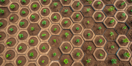 Fresh plants arranged in a unique hexagonal pattern create an eye-catching garden layout.