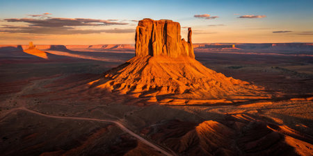 Warm hues illuminate sandstone buttes as the sun sets over the vast desert landscape.