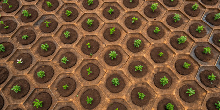 Young plants grow in hexagonal trays filled with rich soil, basking in the warm daylight glow.