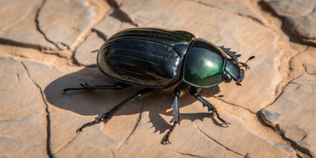 A black beetle moves across the earth, soaking up golden sunlight on a calm afternoon.