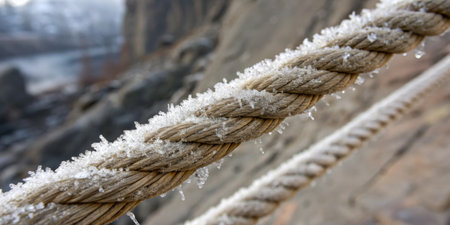 Frost crystals adorn a sturdy rope amidst distant mountains and flowing water.