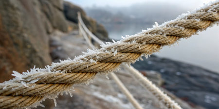 Rugged rocks and a frosty rope hint at the chill of early morning by the calm waters.