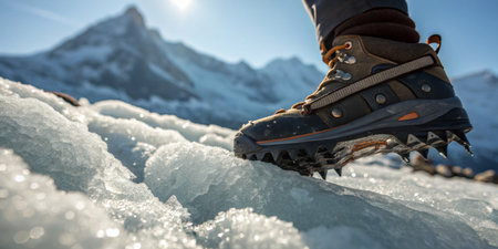 A climber navigates icy terrain with determination, surrounded by majestic snow-capped mountains.