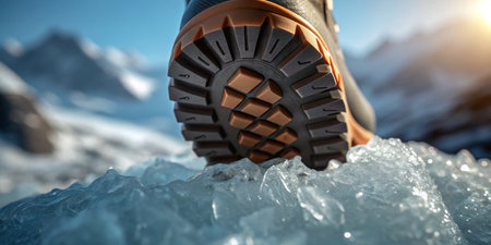 A hiker's boot presses into bright ice, reflecting golden sunlight as mountains rise behind.の写真素材