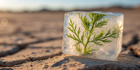 An ice cube holds a vibrant green sprig, resting on dry, cracked ground under a warm sun.