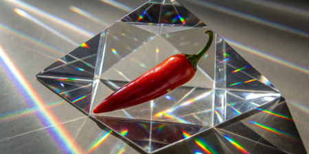 A striking red chili pepper sits elegantly within a crystal prism, catching colorful light.