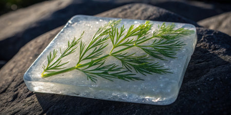 Crisp dill leaves frozen in a clear ice block, beautifully reflecting the warm sunset light.