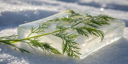 A vibrant green herb in ice rests on fresh snow, sparkling in the sunlight.