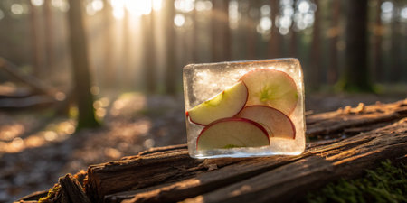 Silvery ice encases vibrant apple slices while golden sunlight filters through tall trees.