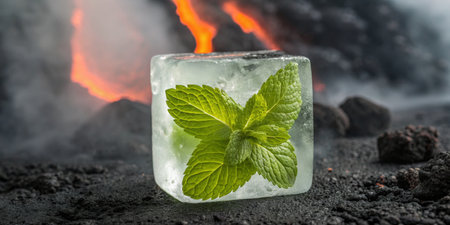 A cube of ice with mint leaves sits on volcanic rock, illuminated by glowing lava nearby.