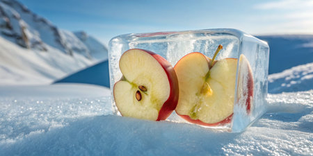 Frost-covered apple slices rest inside a block of ice against a sunlit snowy backdrop.