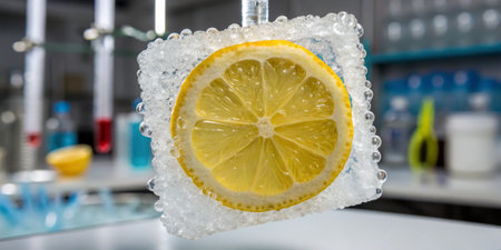 A vibrant lemon slice encased in crystal-clear ice, radiating freshness amid lab equipment.