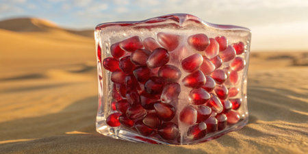 Glistening ice cube encasing vibrant ruby seeds rests on warm desert sands as the sun sets.