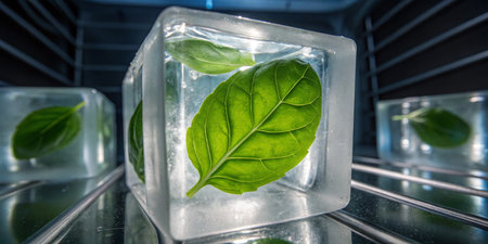 Fresh green basil leaves embedded in clear ice cubes create a refreshing kitchen accessory.の写真素材