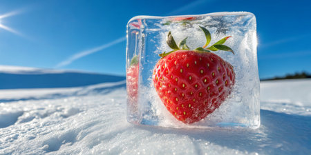 A vibrant strawberry trapped in a crystal-clear ice cube shines under a clear blue sky.