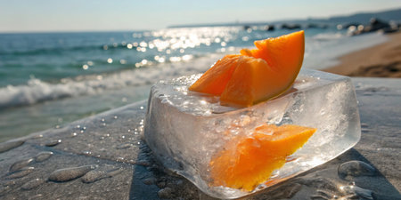 Slices of juicy fruit rest upon a melting ice block, catching sunlight by the water's edge.