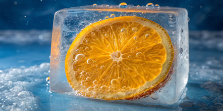 A fresh orange slice is encapsulated in transparent ice, creating an alluring glimpse of summer.