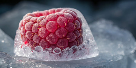 A vibrant raspberry captured in icy surroundings, sparkling in gentle sunlight.