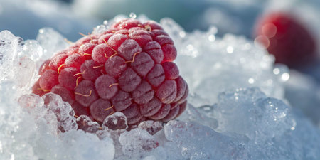 Bright red raspberries glisten with frost atop a bed of sparkling ice, capturing winter's beauty.
