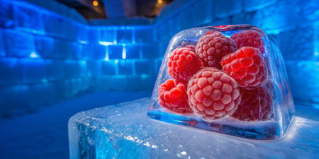 Bright raspberries encased in crystal ice shine under blue lighting, creating a refreshing display.