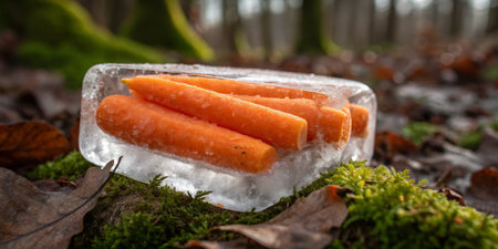 Colorful carrots sit in ice on a tranquil forest floor, surrounded by fallen leaves.