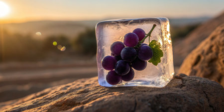 Ice-encased grapes sit on rocks as the sunset paints vibrant colors in the sky.