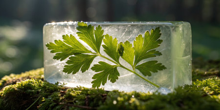 Delicate parsley in clear ice on lush moss captures nature's beauty in a tranquil woodland.