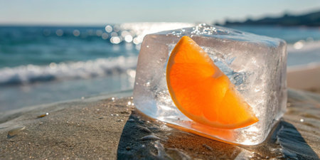 Ice cube with vibrant orange slice shines in sunlight on sandy beach, waves lapping nearby.