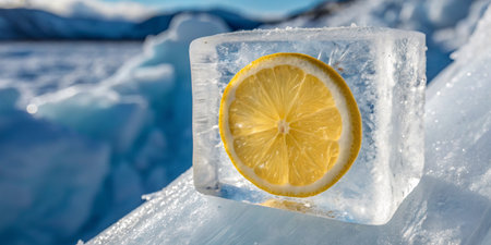 A vibrant lemon slice frozen in clear ice shines under the winter sun, surrounded by snowy peaks.